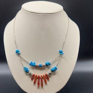 Vintage Native American Red Jasper Blue Turquoise Silver Bead Necklace 17”